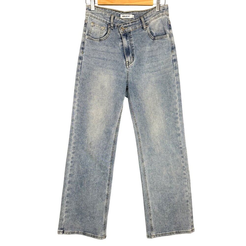 Genleck Womens Straight Leg Criss Cross Jeans‎ Size 8 Med Wash Stretch Y2K